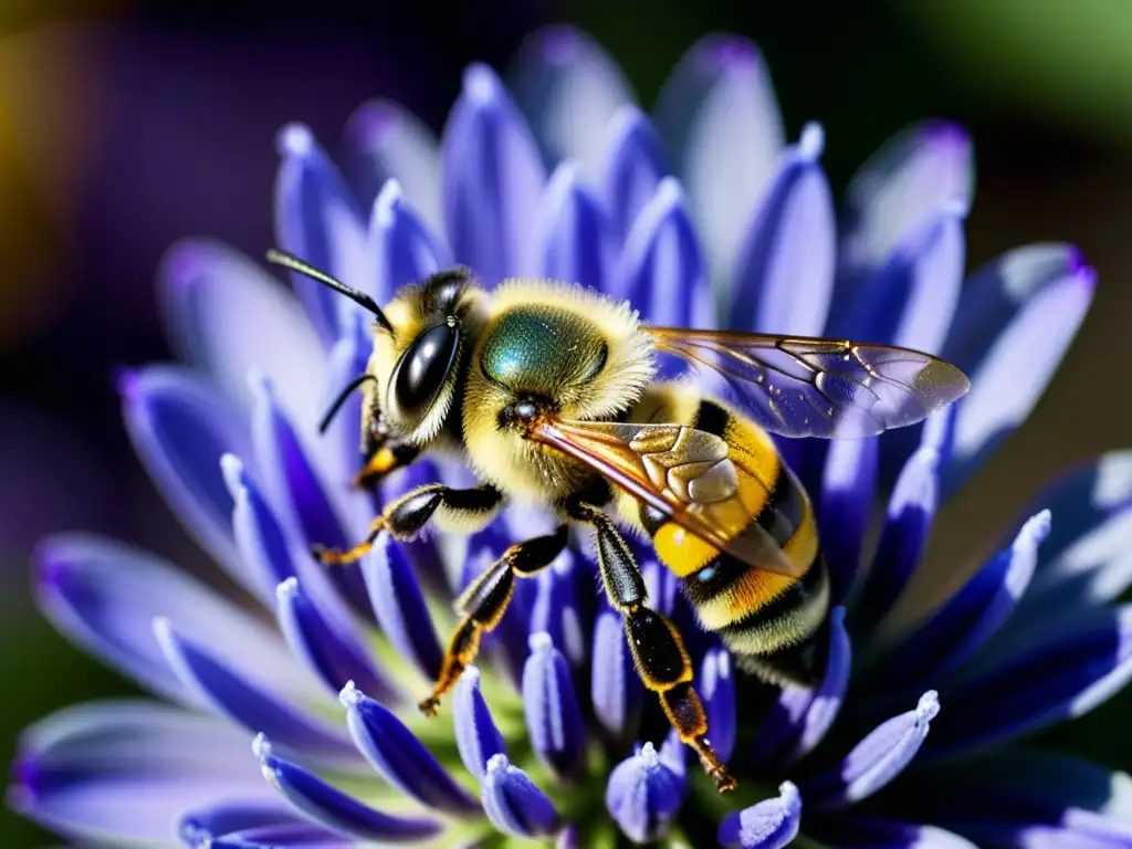 Una abeja cubierta de polen revolotea sobre una flor de lavanda morada, mostrando la importancia de polinizadores en los ecosistemas