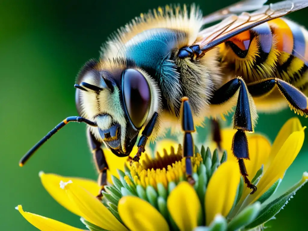 Una abeja cubierta de polen recolecta néctar de una flor