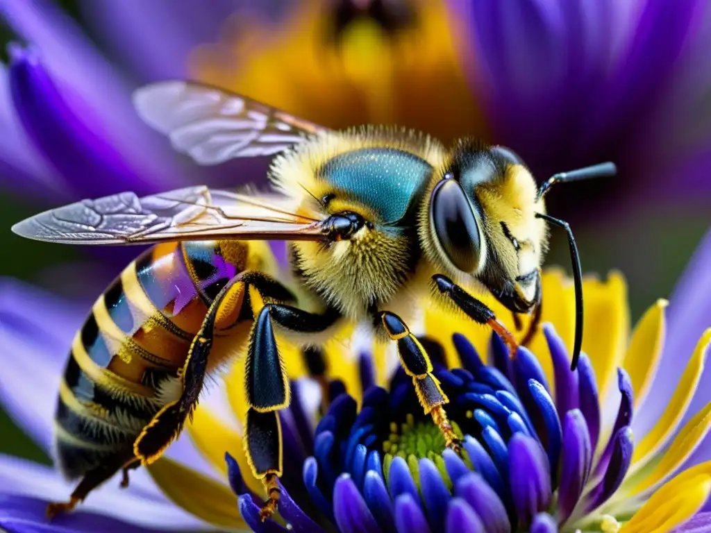 Una abeja cubierta de polen se posa sobre una flor morada, demostrando la importancia económica de los polinizadores en los ecosistemas