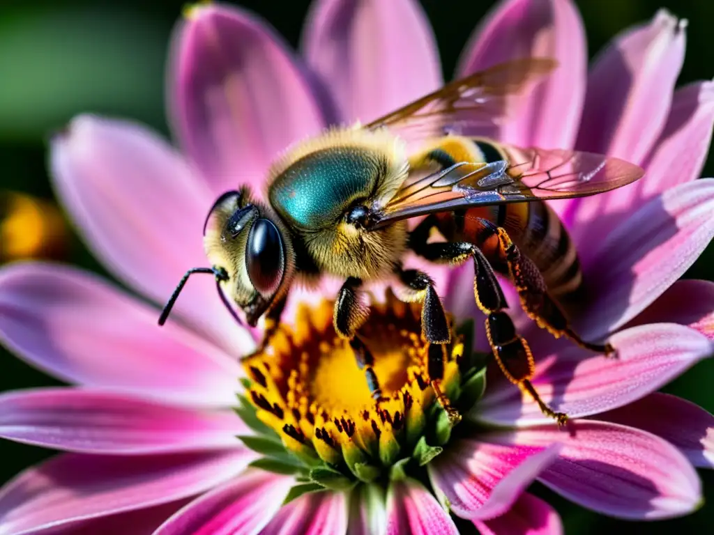 Una abeja cubierta de polen descansa en una flor rosa, destacando la conexión crucial entre humanos y polinizadores