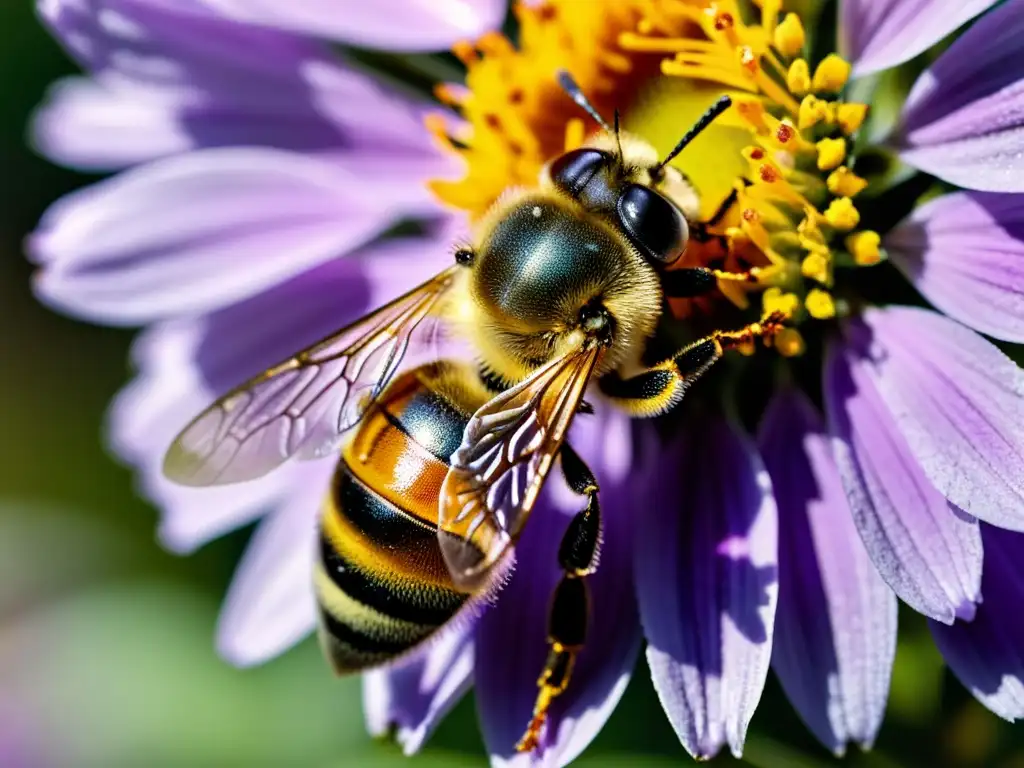 Una abeja cubierta de polen, recolectando néctar de una flor morada, resaltando la importancia económica de los polinizadores en los ecosistemas