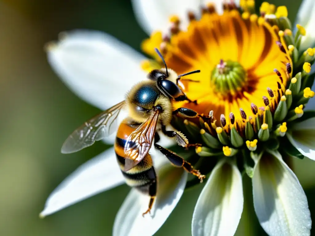 Una abeja cubierta de polen, recolectando néctar de una flor