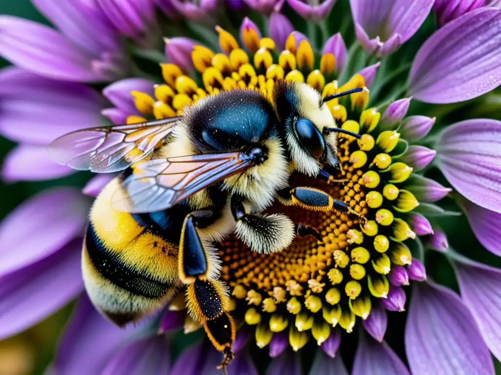 Una abeja cubierta de polen explora delicadamente una flor morada