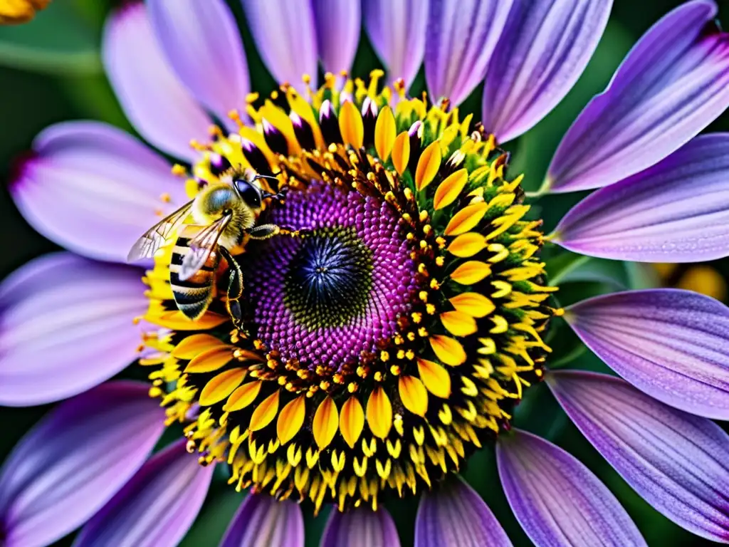 Una abeja cubierta de polen se posa sobre una flor morada, con cada detalle visible