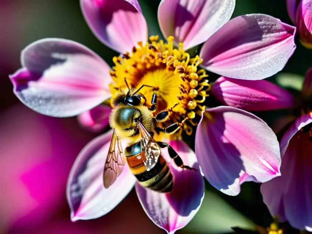 Una abeja cubierta de polen revolotea sobre una flor rosada, mostrando la importancia de las abejas en ecología