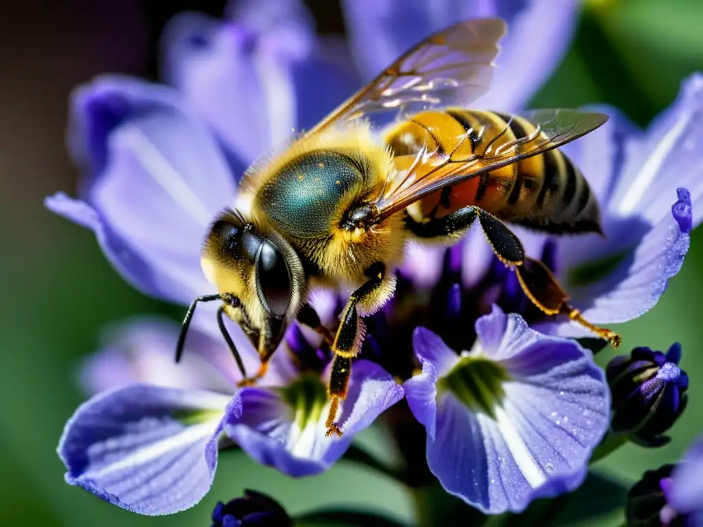 Una abeja cubierta de polen vuela sobre una flor de lavanda morada