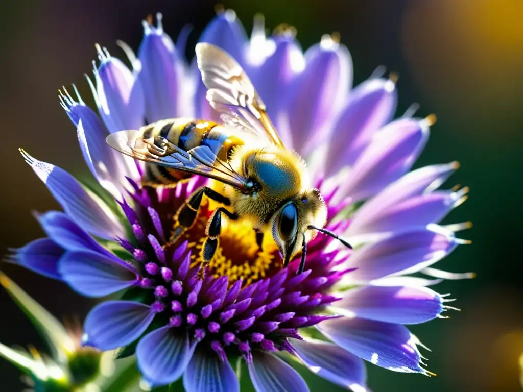 Una abeja cubierta de polen sobre una flor morada, resaltando la importancia de las abejas en control de plagas