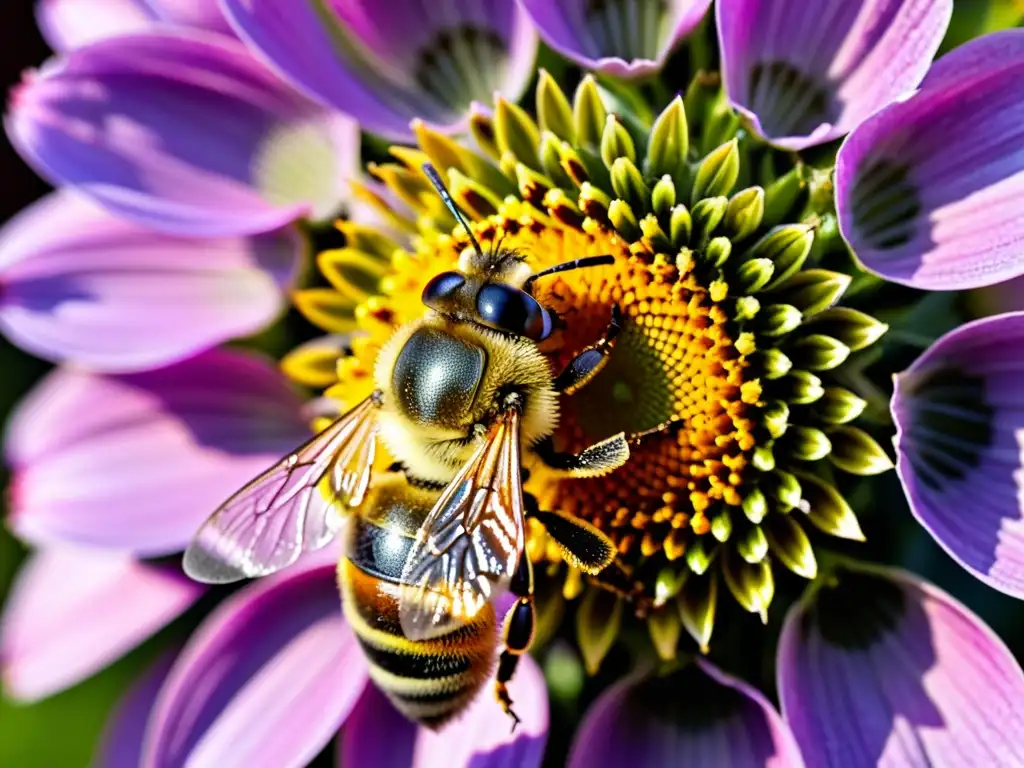 Una abeja cubierta de polen revolotea sobre una flor púrpura, resaltando la importancia de la polinización por insectos