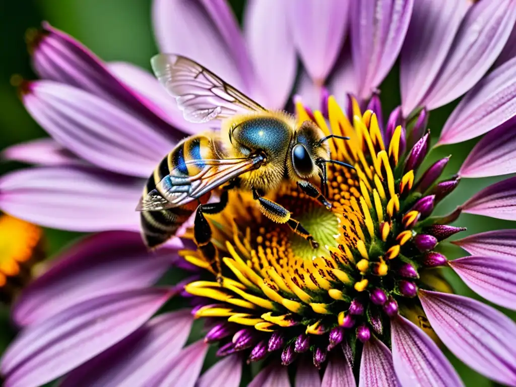 Una abeja cubierta de polen libando néctar de una flor de equinácea morada