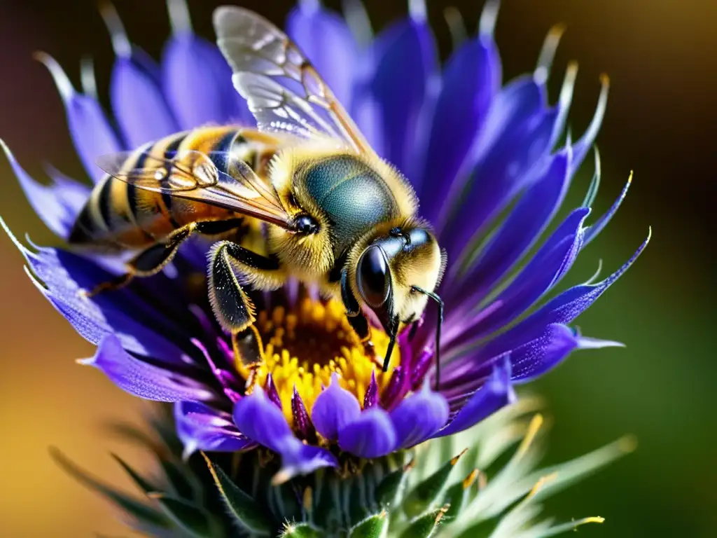 Una abeja cubierta de polen se posa sobre una flor morada