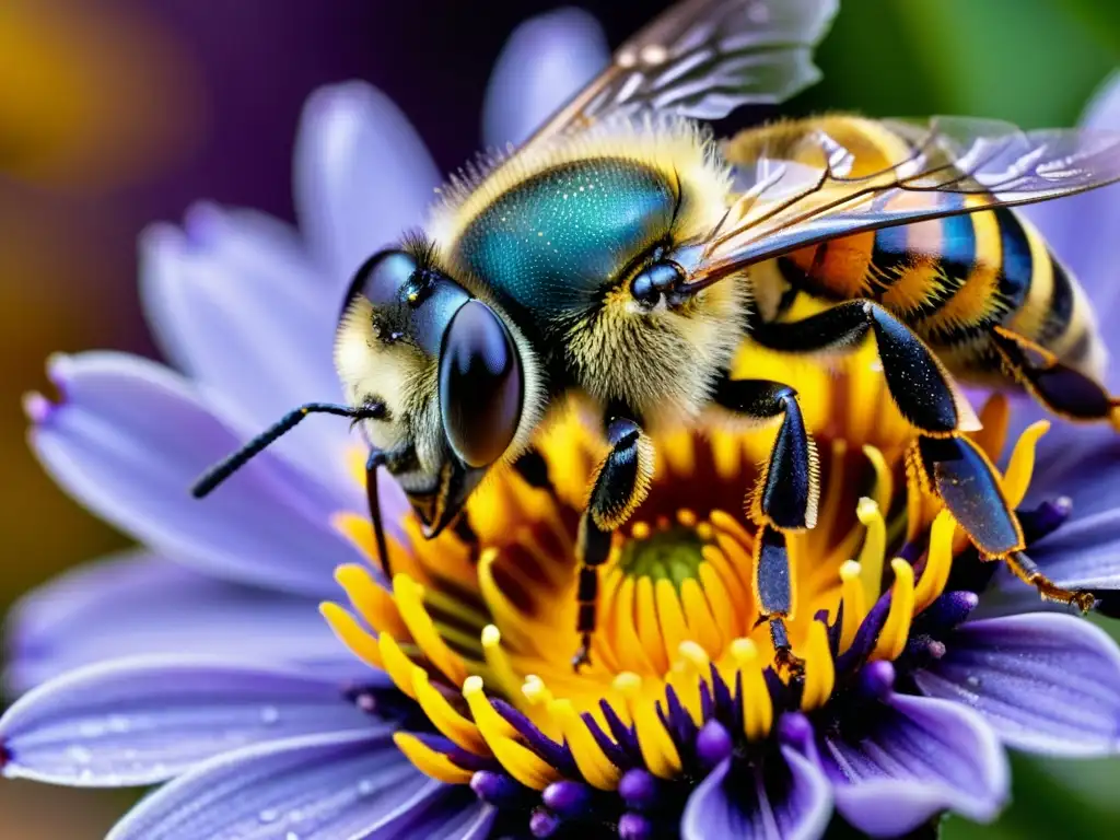 Una abeja cubierta de polen en una flor transgénica morada, ilustrando el impacto de los cultivos transgénicos en la biodiversidad