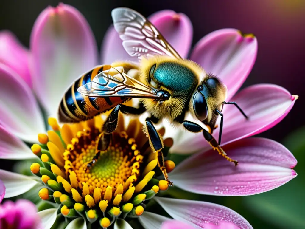 Una abeja cubierta de polen sobre una flor rosa, detalle asombroso que destaca la relación entre insectos y su entorno