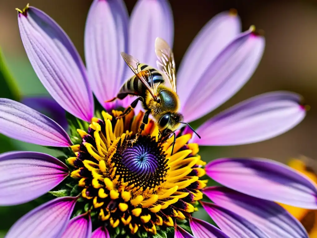 Una abeja cubierta de polen sobre una flor morada, resaltando la importancia de los insectos en la cadena alimenticia