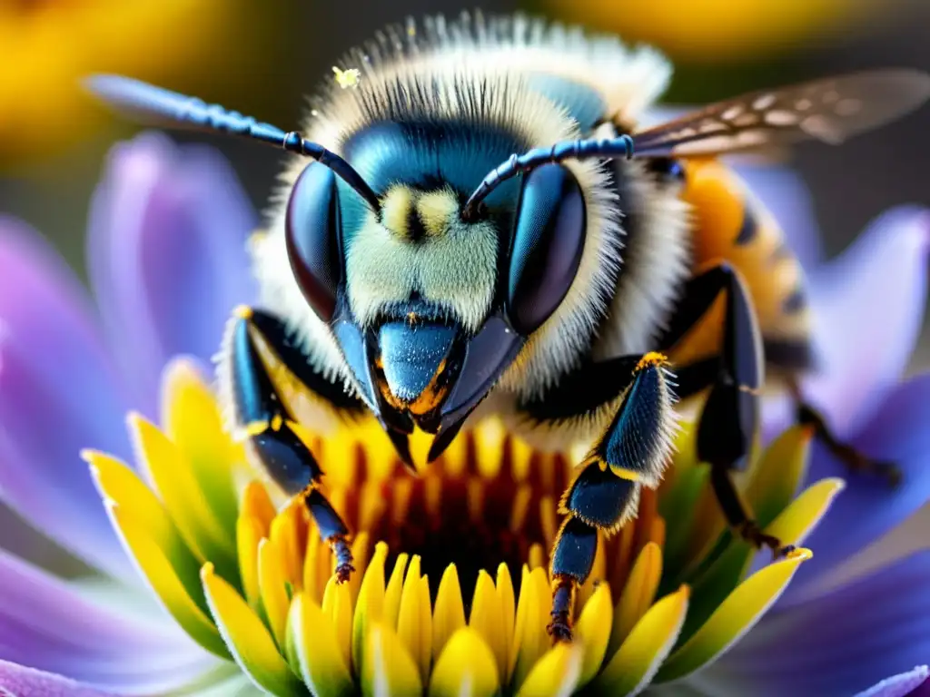 Una abeja cubierta de polen recoge néctar de una flor vibrante