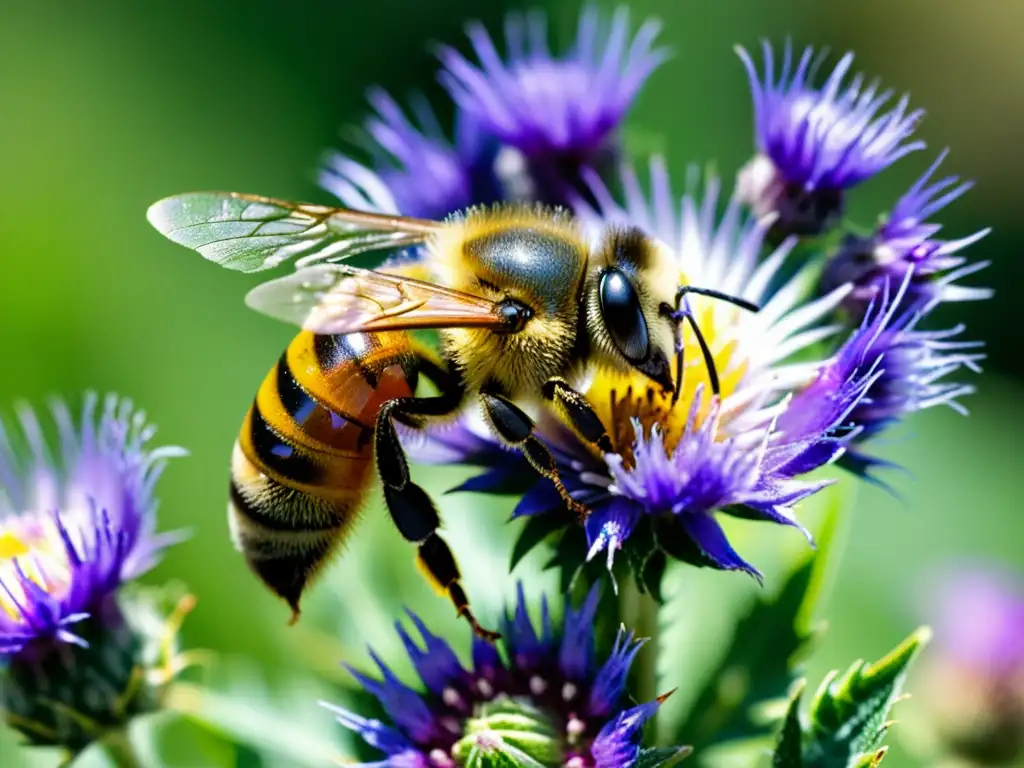 Una abeja cubierta de polen revolotea sobre una flor morada