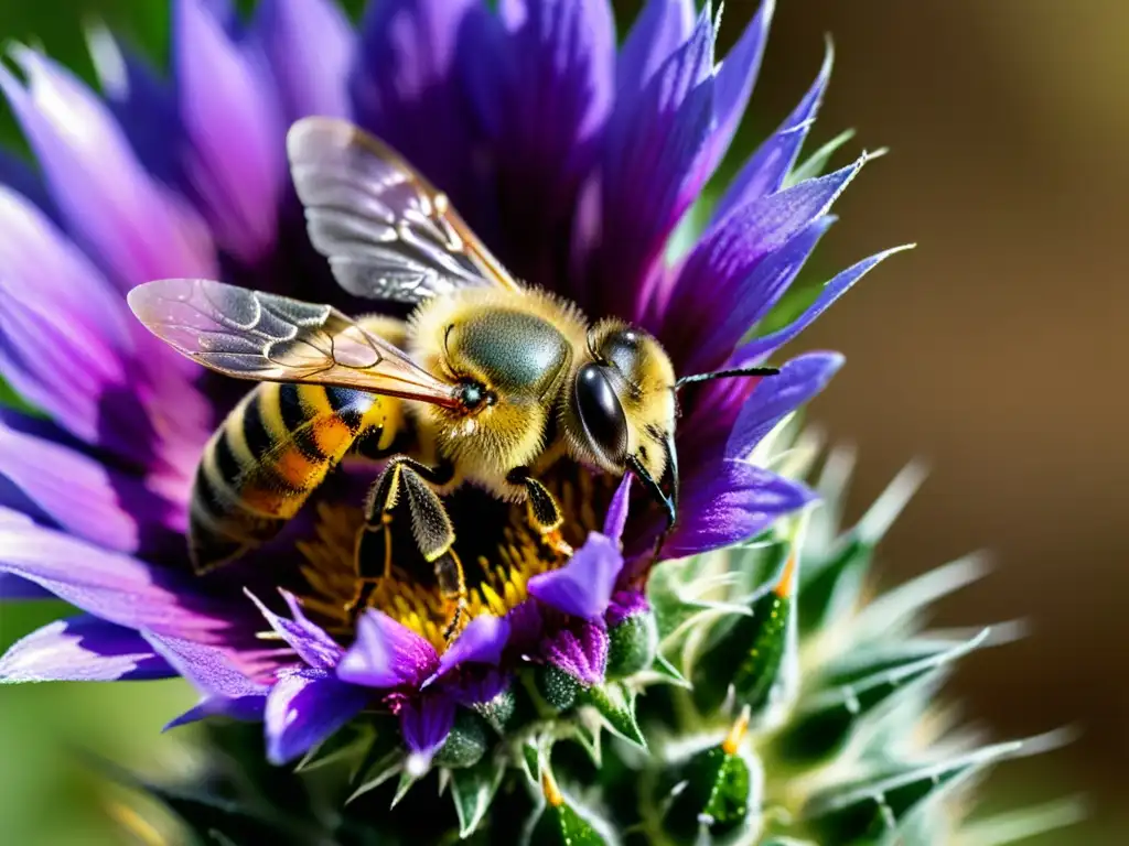 'Una abeja cubierta de polen revolotea sobre una flor morada mientras la luz del sol resalta sus alas iridiscentes