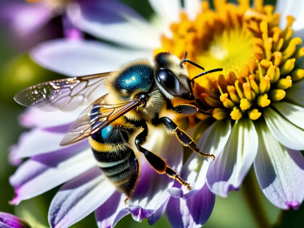 Una abeja cubierta de polen vuela entre flores, destacando la importancia de abejas en polinización