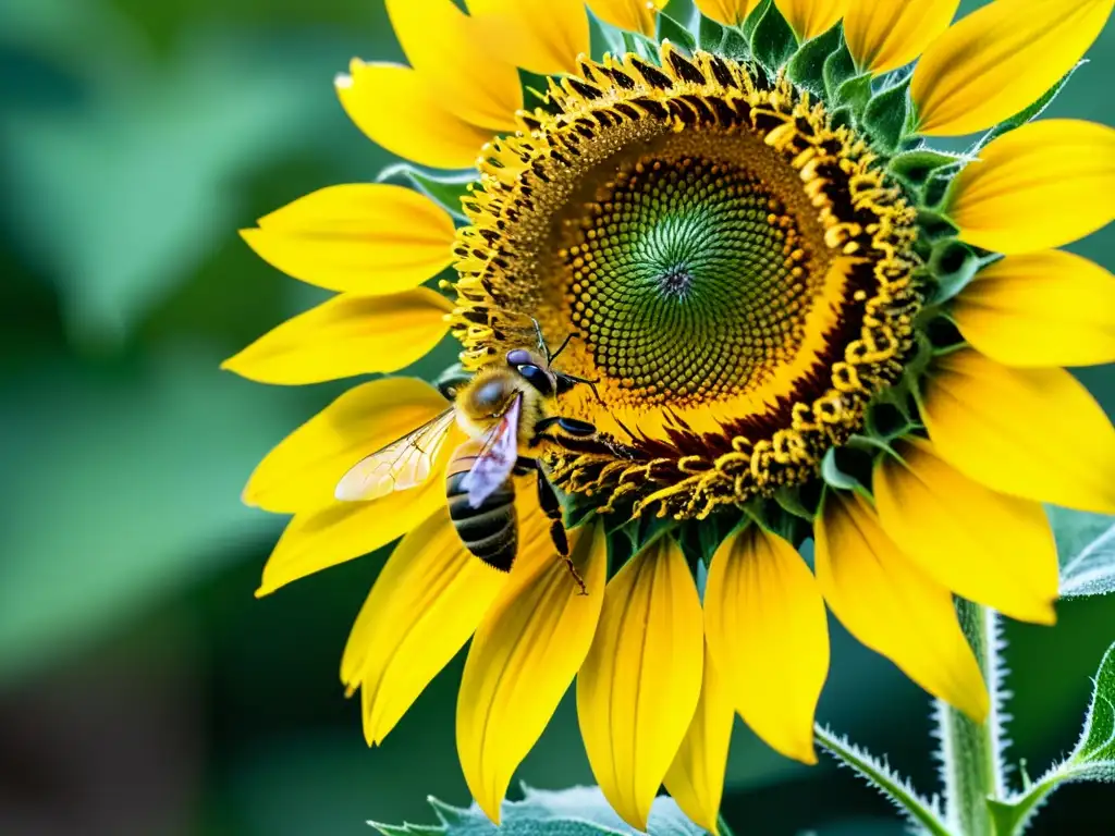 Una abeja cubierta de polen revolotea sobre un girasol, destacando la importancia de la polinización agrícola por abejas