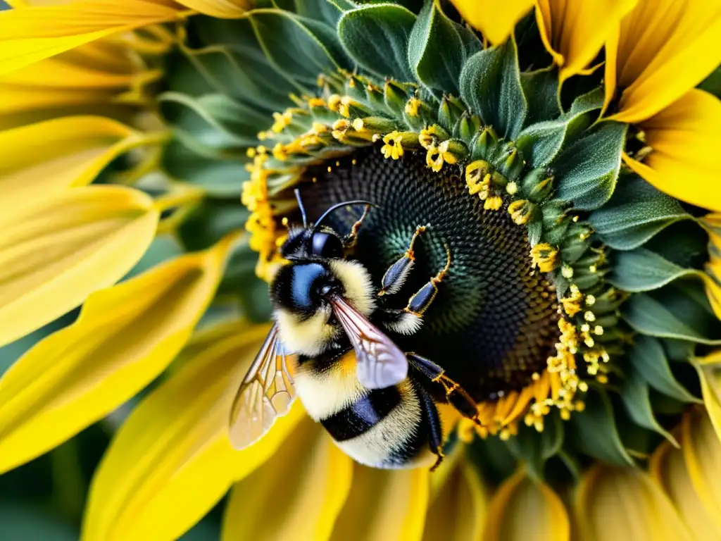 Una abeja cubierta de polen descansa en un girasol, destacando la importancia de los insectos polinizadores