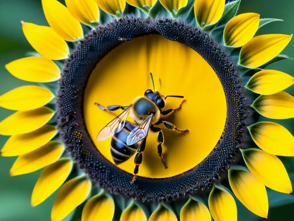 Una abeja cubierta de polen descansa en un girasol, destacando la importancia de la evolución de los insectos en la agricultura