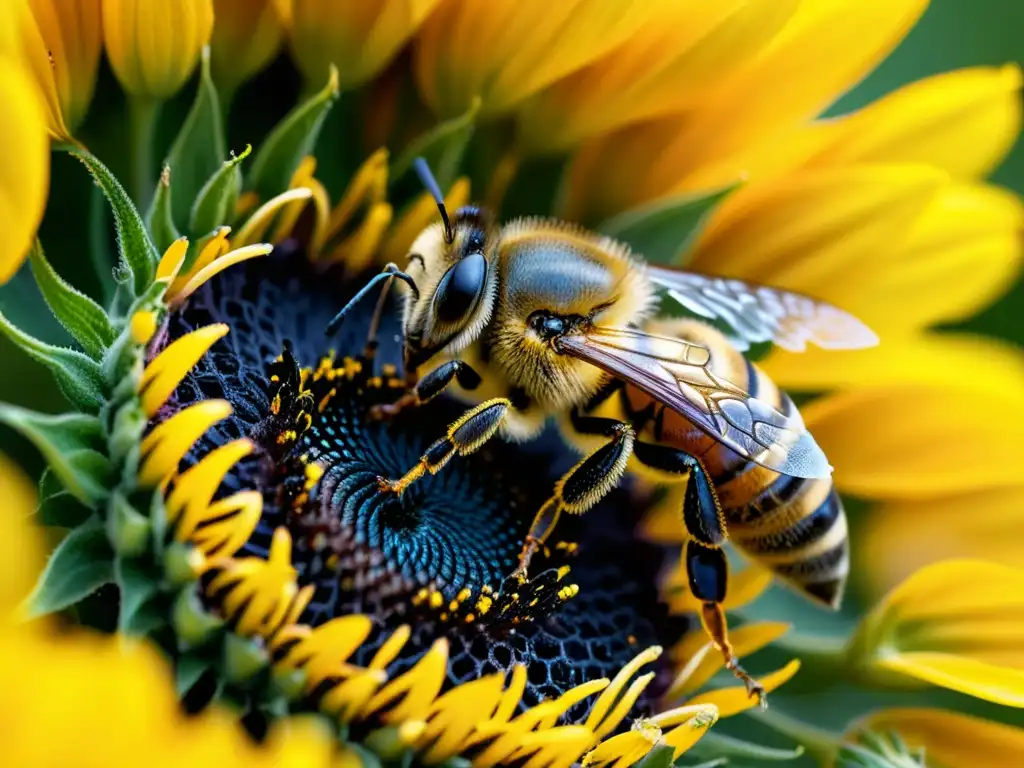 Una abeja cubierta de polen sobre un girasol, ilustrando la importancia de los polinizadores en los ecosistemas globales