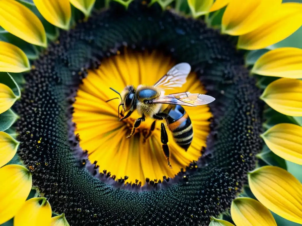 Una abeja cubierta de polen en un girasol, resaltando el impacto del cambio climático en los polinizadores y los cultivos