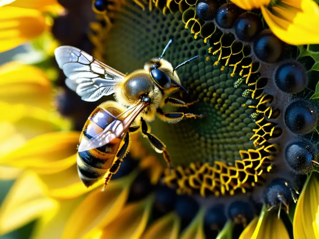 Una abeja cubierta de polen en un girasol, muestra la relación vital entre polinizadores y cultivos, con impacto en el cambio climático