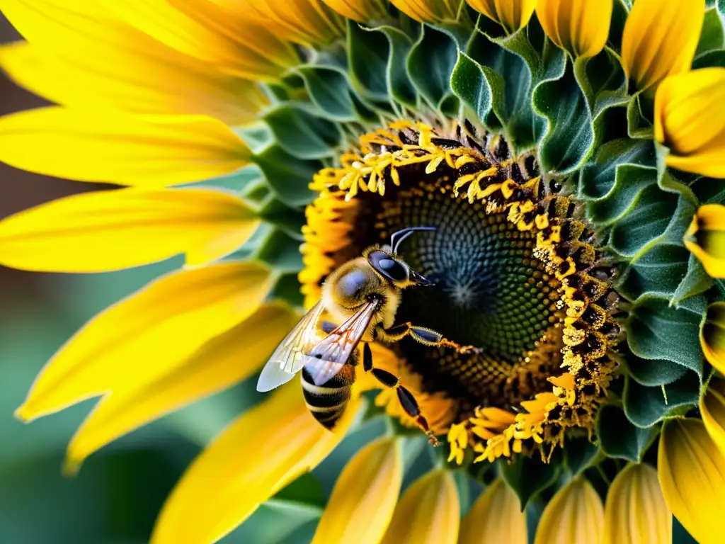 Una abeja cubierta de polen en un girasol, resaltando la importancia de la apicultura urbana