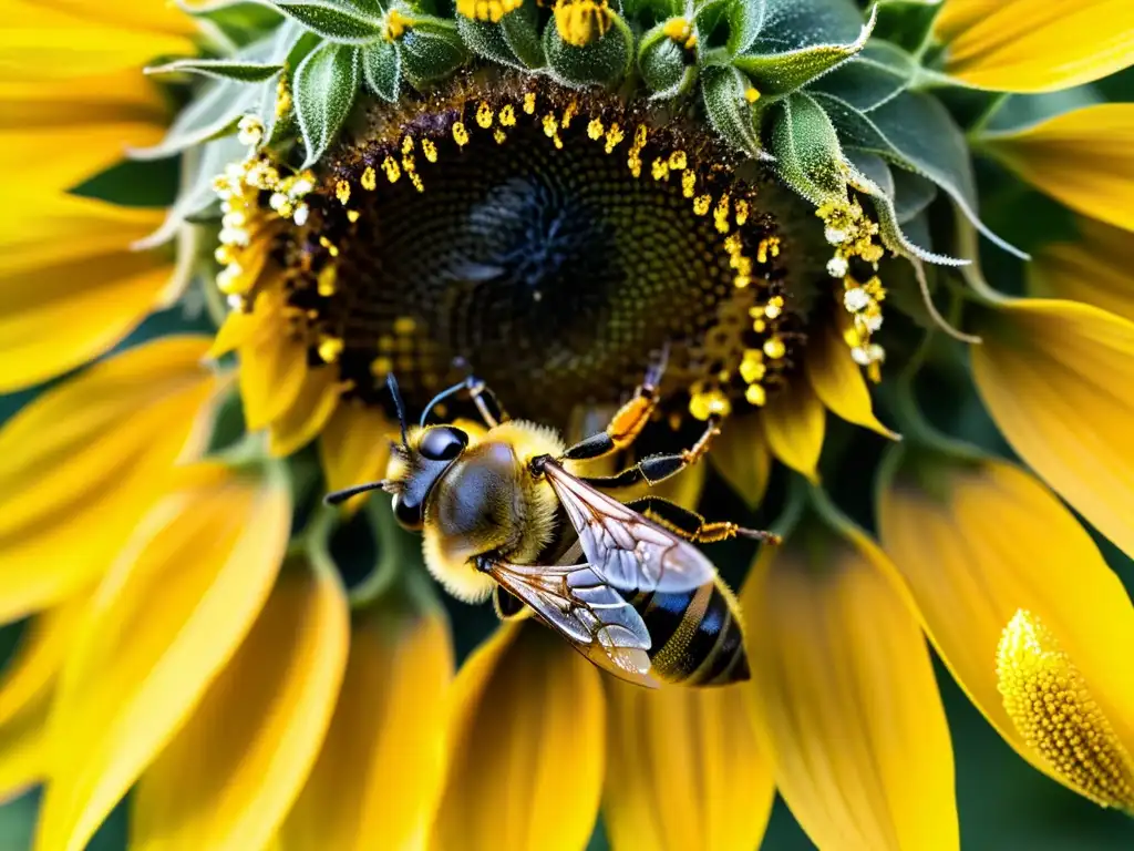 Una abeja cubierta de polen en un girasol, resaltando la importancia de la polinización agrícola por abejas