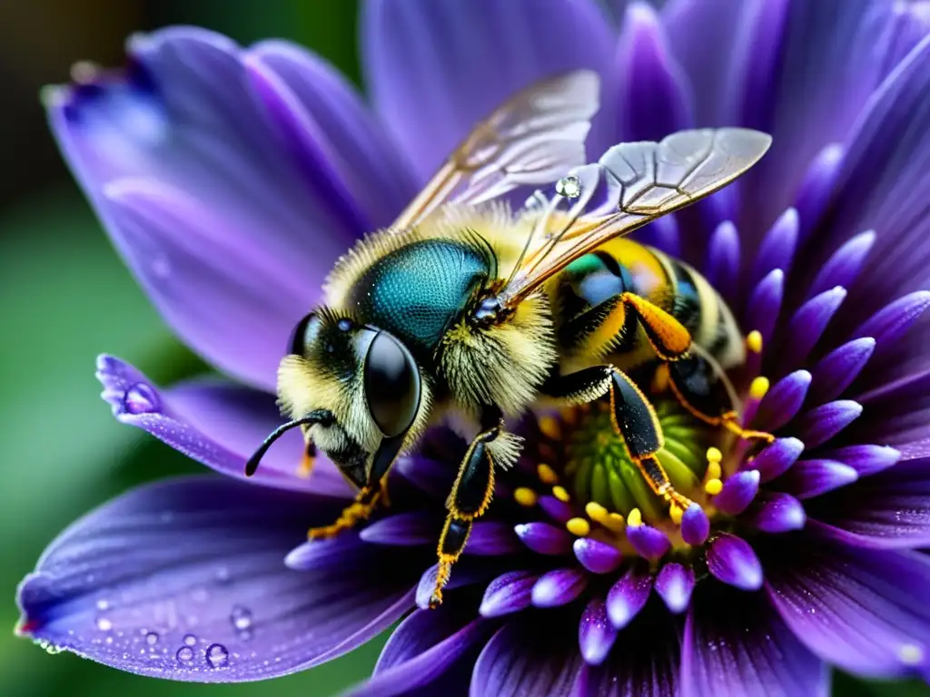 Una abeja cubierta de polen, con cada grano visible en su cuerpo peludo, revolotea sobre una flor morada