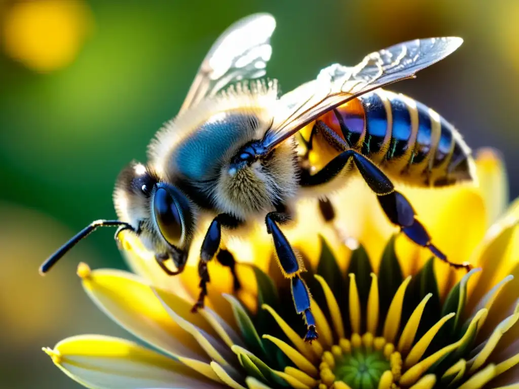 Una abeja cubierta de polen, resaltando su importancia en los ecosistemas como transmisora de virus y polinizadora