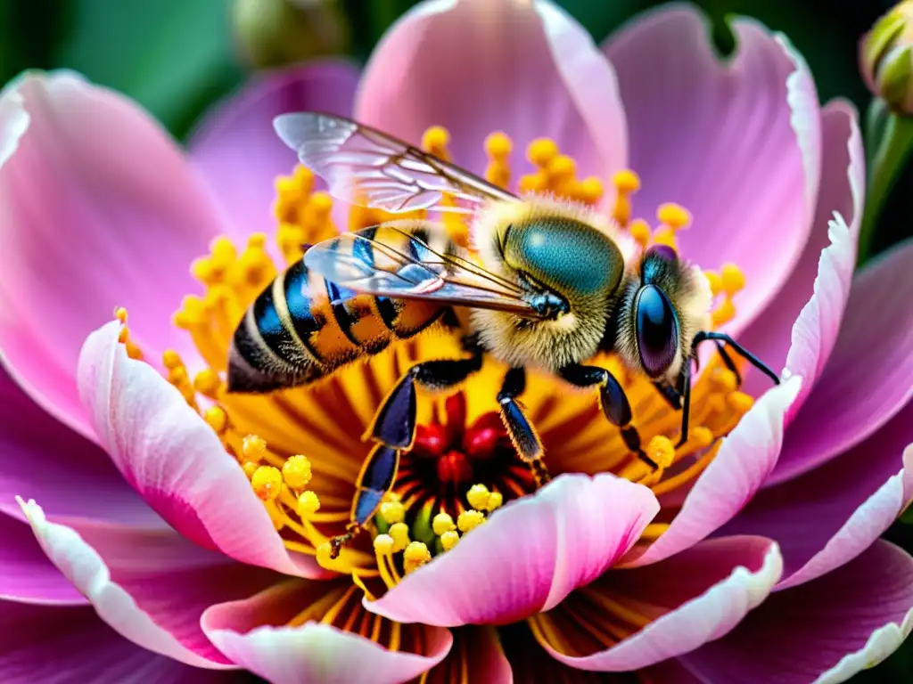 Una abeja cubierta de polen sobre una peonía rosa, destacando la importancia de la relación simbiótica insectos flores