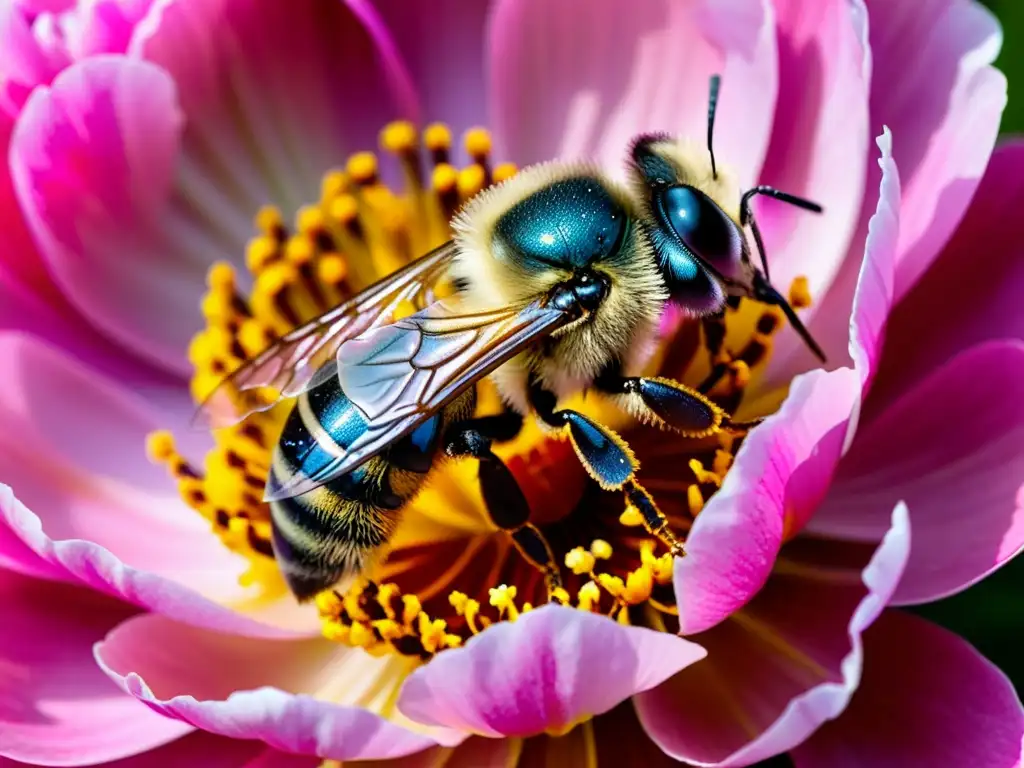 Una abeja cubierta de polen se posa en una peonía rosada, resaltando la importancia de los insectos en polinización