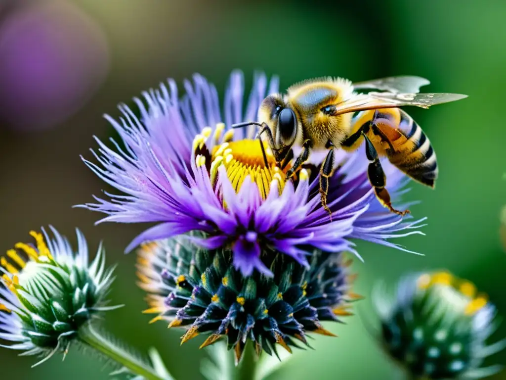 Una abeja cubierta de polen en pleno vuelo cerca de una flor de cardo morado