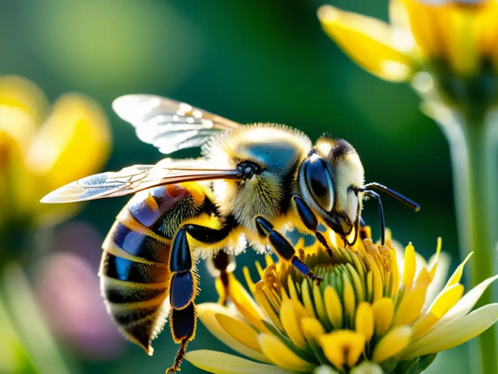 Detalle asombroso: abeja cubierta de polen en vuelo Una abeja cubierta de polen en pleno vuelo, resaltando la importancia de la polinización de los insectos en los ecosistemas