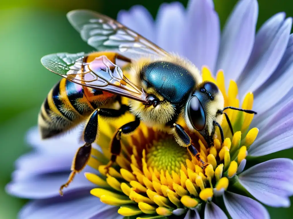 Una abeja cubierta de polen en pleno vuelo, alcanzando el néctar de una flor