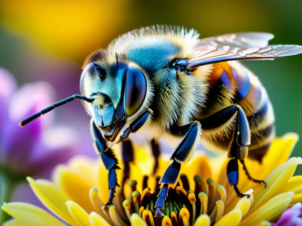 Una abeja cubierta de polen en pleno vuelo, detallando sus alas, cuerpo peludo y granos de polen