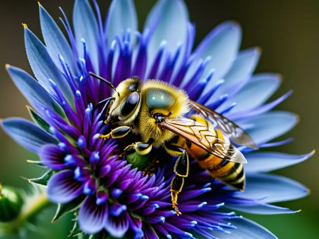 Una abeja cubierta de polen, polinizador crucial, sobre una flor morada