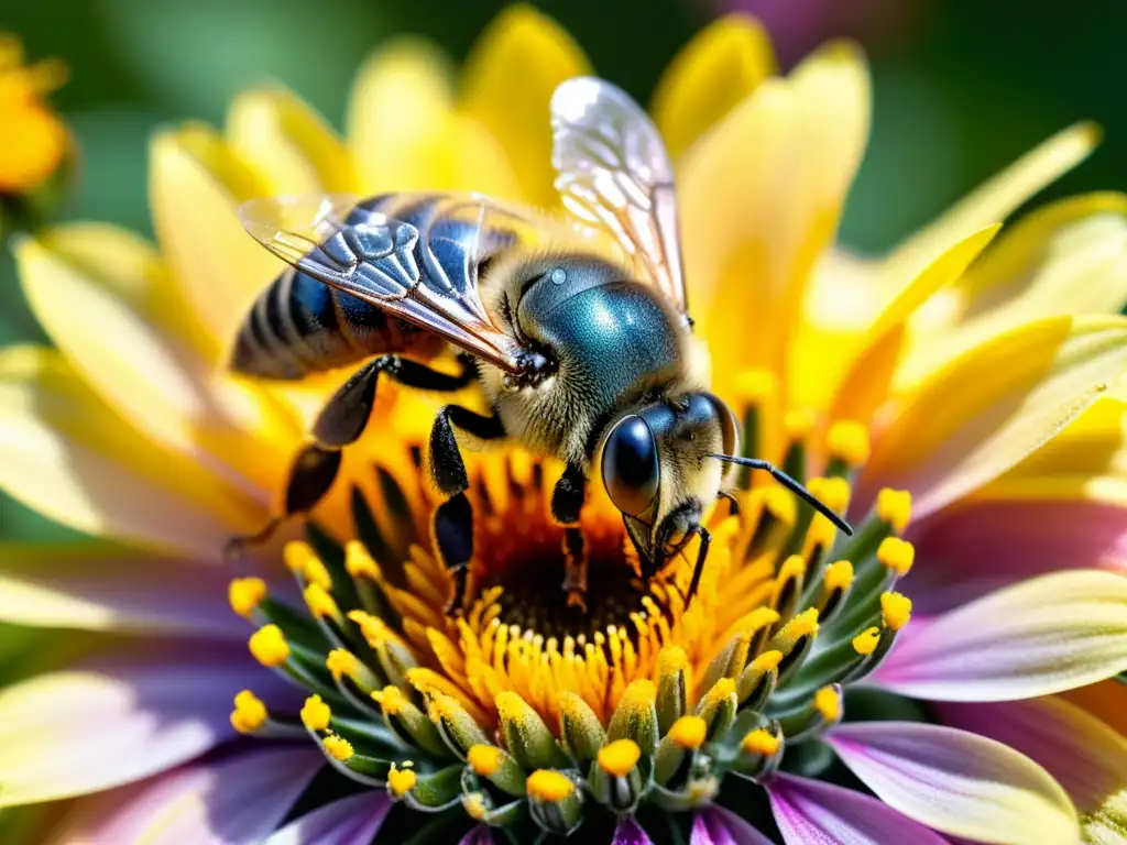 Una abeja cubierta de polen en primer plano, con detalle en alas, ojos y cuerpo, sobre una flor vibrante