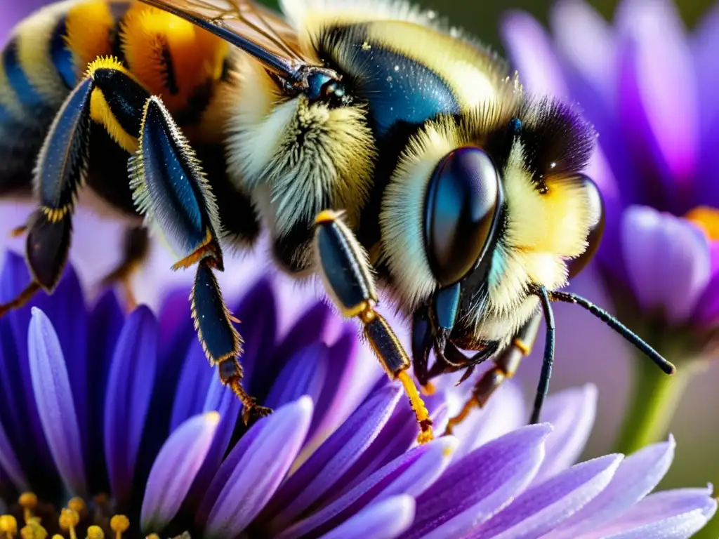 Una abeja cubierta de polen se posa sobre una vibrante flor morada, destacando la importancia de los insectos en ecosistemas