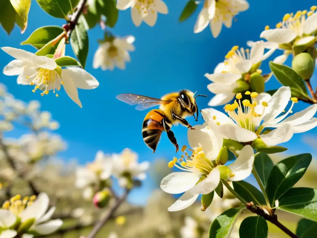 Una abeja cubierta de polen en un vibrante huerto de manzanos