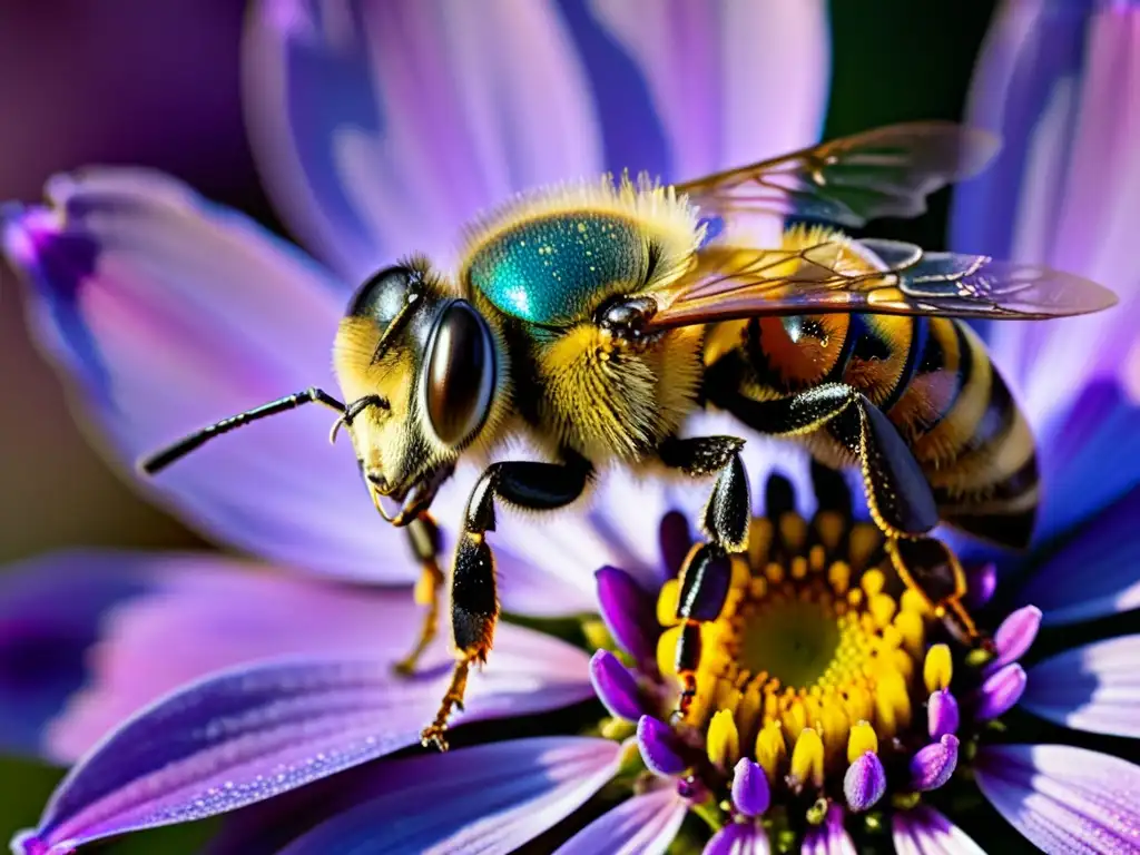 Una abeja cubierta de polen revolotea sobre una vibrante flor morada, destacando el impacto ambiental de los insecticidas