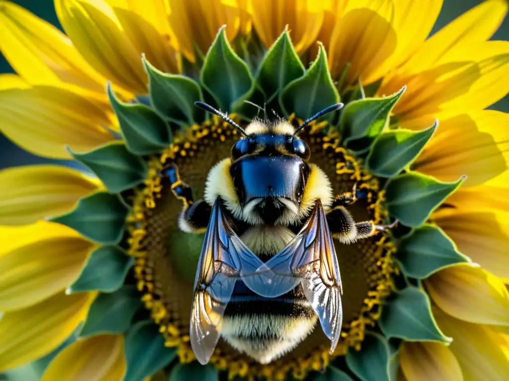 Una abeja cubierta de polen revolotea sobre el vibrante centro de un girasol