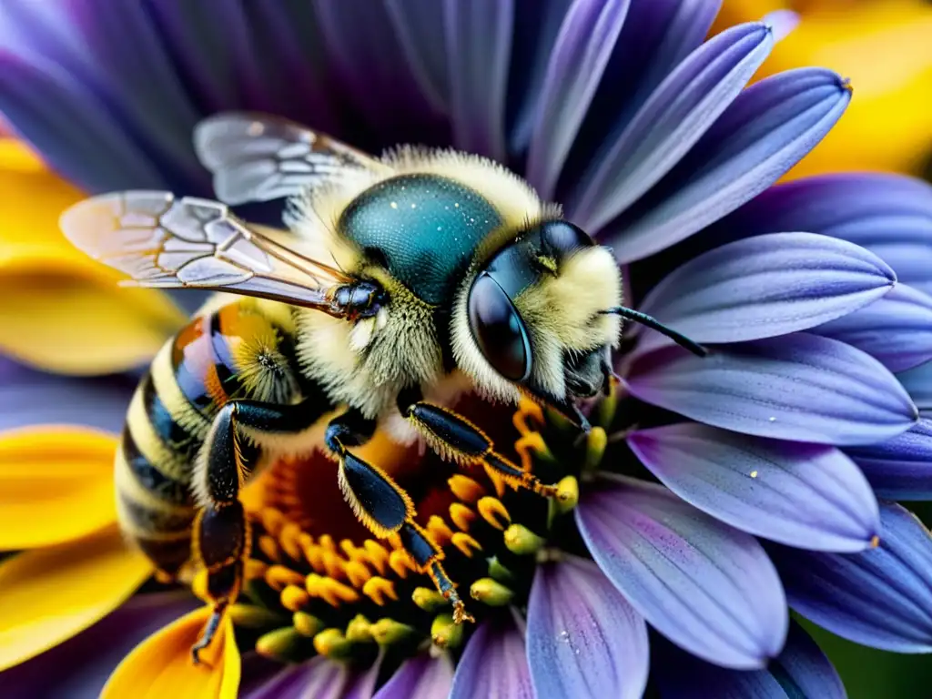 Una abeja cubierta de polen vuela sobre una vibrante flor, destacando el declive de los insectos y cambio climático