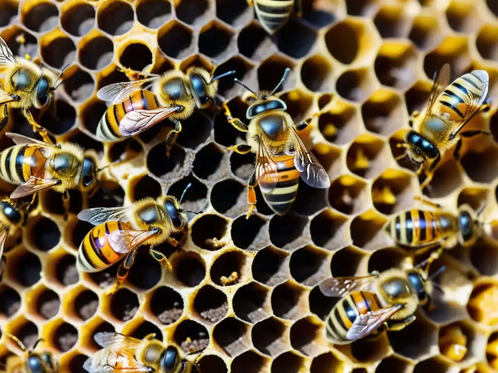 Una abeja realizando la danza del aleteo en la colmena, rodeada de otras abejas en un bullicioso ambiente