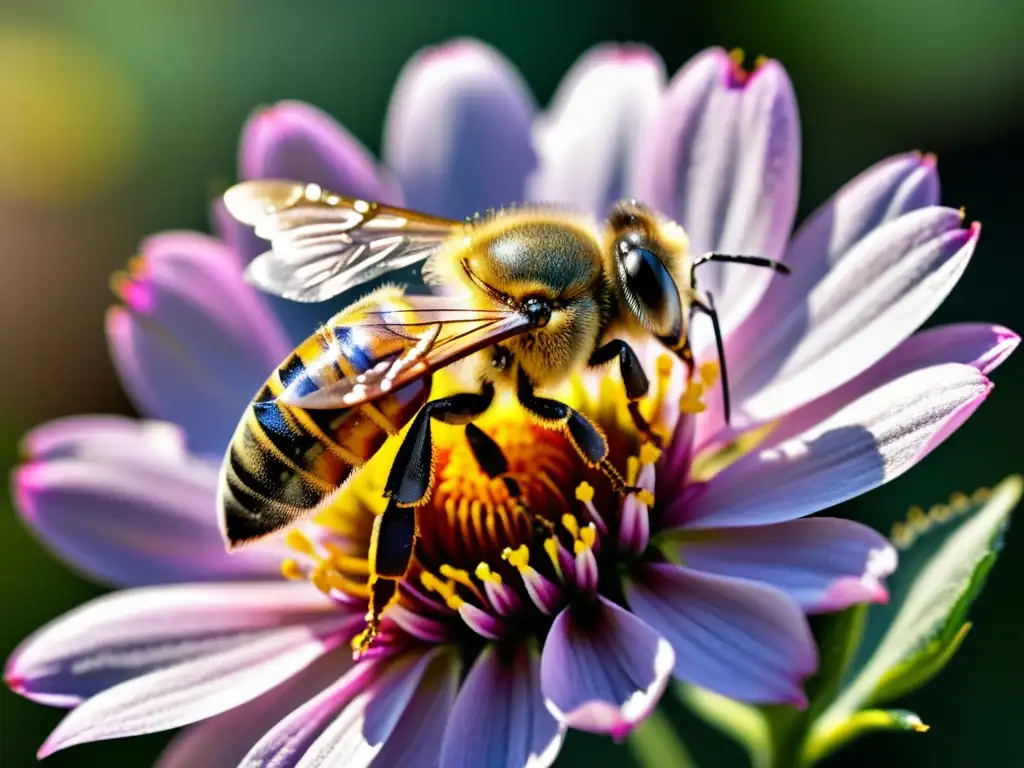 Una abeja recolectando néctar en una delicada flor, mostrando la belleza de la naturaleza y los beneficios de la apiterapia para la salud