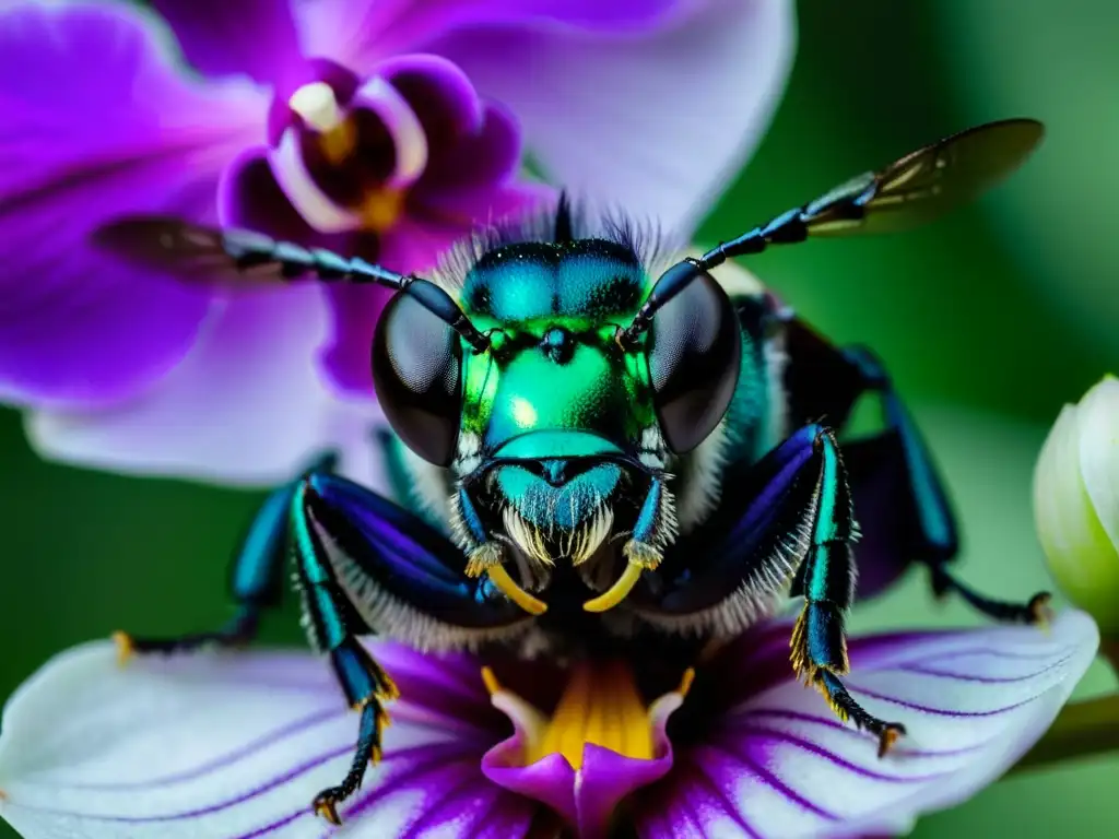 Una abeja orquídea (Euglossa dilemma) de vibrante color verde y negro sobre una orquídea morada