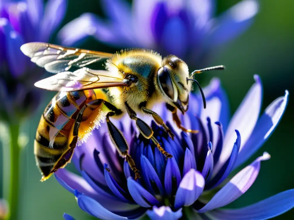 Abeja dorada recolectando néctar en flor de lavanda Una abeja dorada recolecta néctar de una flor de lavanda, mostrando la importancia de las abejas en mitología