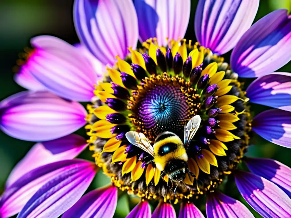 Una abeja recolectando néctar de una equinácea morada, resaltando la importancia ecológica de los insectos polinizadores en su hábitat natural