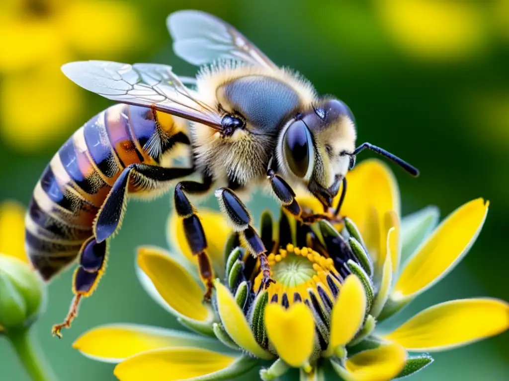 Una abeja sobre una flor amarilla rica en quercetina, mostrando su relación simbiótica con propiedades medicinales quercetina abejas